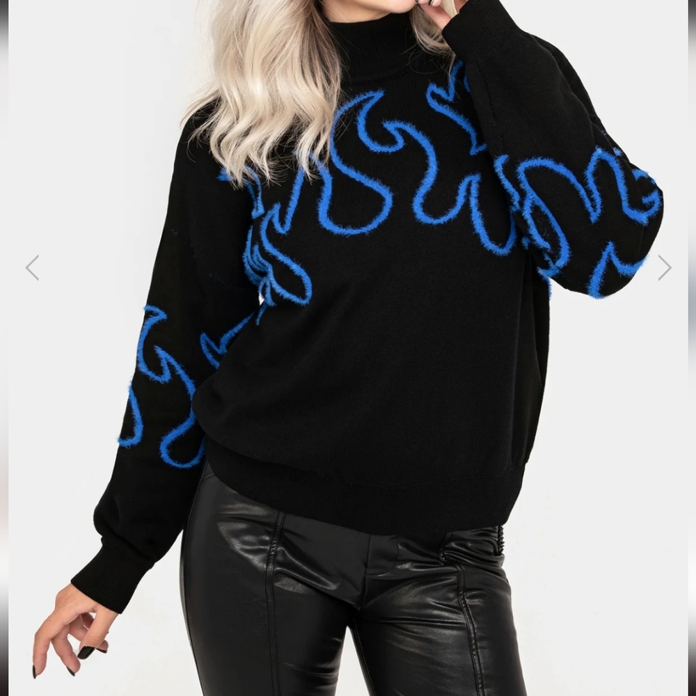 Disturbia Flame Sweater,Goth Sweater, Black Flame Sweater, Blue Flame - Picture 7 of 9